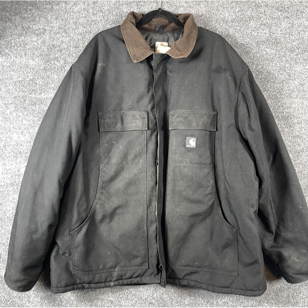 VTG Carhartt Jacket Mens XL Black Canvas Lined Workwear Full Zip Corduroy Collar
